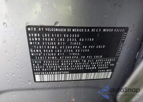 2022 Volkswagen Tiguan 2.0T S from USA, damaged, VIN 3VV1B7AXXNM087494